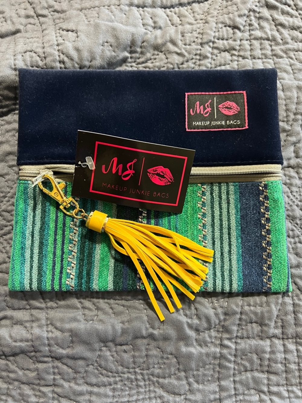 Makeup Junkie Green & Navy  small bag with Yellow Tassel Charm